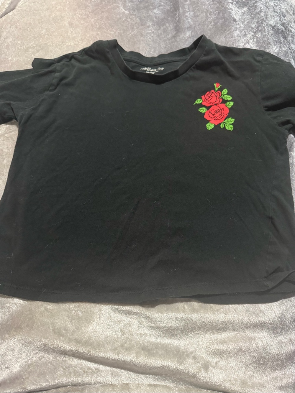 Rebellious One Black Tee with Red Rose Graphic